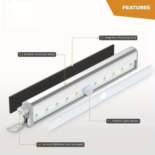 3-Pack Under Cabinet Lights, 10 LED Battery Operated Ultra-Bright Wireless Motion Sensor Light Indoor, Magnetic Dimmable Closet Lights, Wireless Under Counter Lights for Kitchen, Stairs, Available In 1-Pack - Image 10