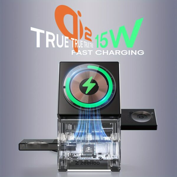 ZEEHOO 3-in-1 Wireless Charging Station - CubeTrick-X Qi2 15W Fast Charge - for A-pple Watch, I-Phone, Air-pods - Image 7