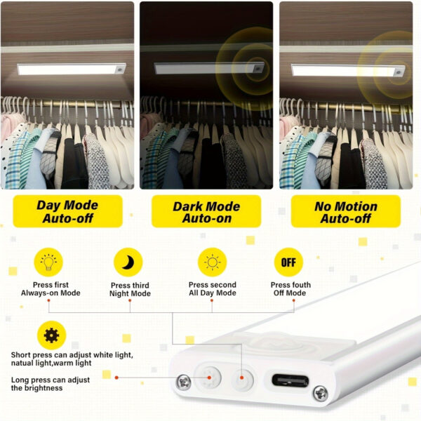 4/2pcs Motion Sensor Under Cabinet Lights, 3 Color Temperatures Wireless USB Rechargeable Night Light, Indoor Closet Lights, Stick-On Anywhere Magnetic Under-Counter Light Fixtures For Kitchen Cabinet Wardrobe Cupboard Stairs, Available In 2pcs. - Image 10