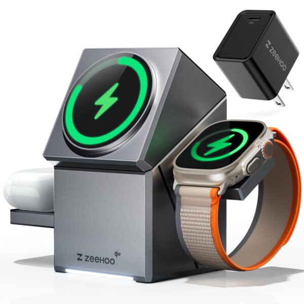 ZEEHOO 3-in-1 Magnetic Wireless Charging Station With Fast Charger For Magsafe Charger, CubeTrick-X Qi2 15W Fast Wireless Charger Stand For IPhone 16 15 14 13 12, For Samsung S24/S24/S22/S21, For Applewatch & Smart Watch, For Air-Pods & Earbuds