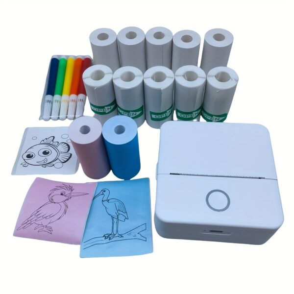 Mini thermal printer set with 5 rolls white self-adhesive, 5 rolls thermal paper, 2 rolls color printing paper, 5 pcs color pens, labels, text, photo printing, rechargeable inkless wireless printer - Image 7