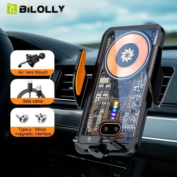 Bilolly 66W Fast Magnetic Car Charger & Phone Holder with 15W Wireless Charging, Auto-Clamping for iPhone 16-11, XR, XS, Samsung S25-S10+, Horizontal/Vertical Screen Adjustable Mount, Black Aluminum Alloy Design - Image 3