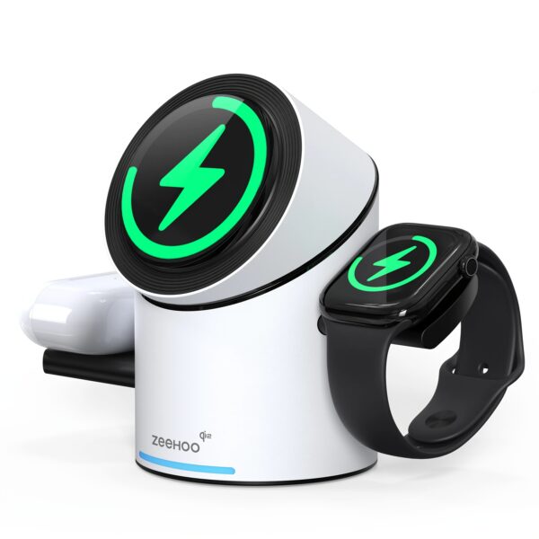 ZEEHOO 3in 1 Charging Station for Apple-Devices, Mag-Safe Charger Stand, CylinTrick-R Qi2 15W Auto-Rotating Wireless Charging Station for iPhone 16/15/14/13/12 Series& Air-Pods& IWatch(30W Charger Included)