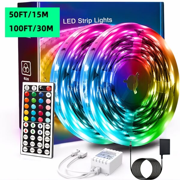 50ft LED Strip Lights RGB Color Changing - 44 Key Remote Control, DIY Modes, Dimmable, Cuttable, 16 LEDs/M, for Bedroom, Living Room, Christmas Party, Home Decor, Festival Lighting - Image 2