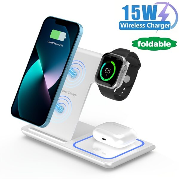 Foldable 3 in 1 fast charging station, 15W Wireless Charger Stand for iPhone 15, 14, 13, 12, 11/Pro/Max/Mini/Plus, X, XR, XS/Max, SE, 8/Plus, suitable for iWatch 1-9, suitable for Airpods 3/2/Pro