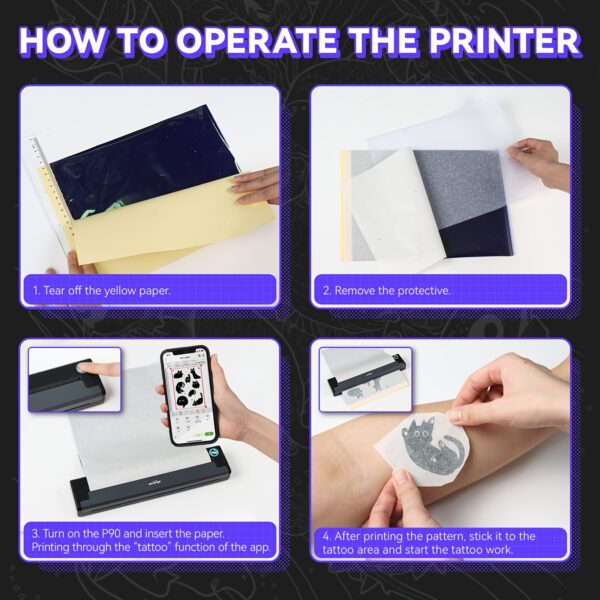 Peripage P90 Tattoo Stencil Printer Tattoo Printer Thermal Printer For DIY Tattoo, Mini Portable Printer, Compatible With Smartphone And PC, IOS, Android, With 5pcs A4 Tattoo Transfer Paper - Image 4