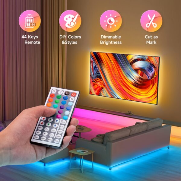 50ft LED Strip Lights RGB Color Changing - 44 Key Remote Control, DIY Modes, Dimmable, Cuttable, 16 LEDs/M, for Bedroom, Living Room, Christmas Party, Home Decor, Festival Lighting - Image 6