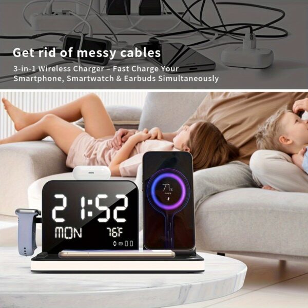 7 In 1 Dual Phone Wireless Charging Station With Night Light, Phone Holder, Phone Time Sync, Time Week Temperature Display, 30W Adapter For IPhone, AirPods And IWatch Fast Charging Dock With USB C And USB A Wired Output - Image 4