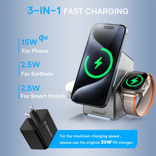 ZEEHOO 3-in-1 Wireless Charging Station - CubeTrick-X Qi2 15W Fast Charge - for A-pple Watch, I-Phone, Air-pods - Image 2
