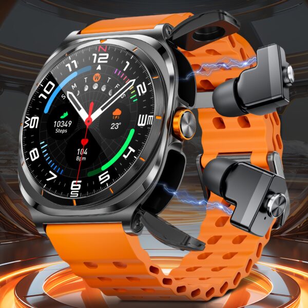 GT98 Smartwatch with TWS Sports Earbuds, 1.53" HD Display, Voice Assistant, Music Control, 400mAh Battery, 100+ Sport Modes, Orange Silicone Band, Compatible with Android/iOS, Ideal for Fitness & Outdoor Activities