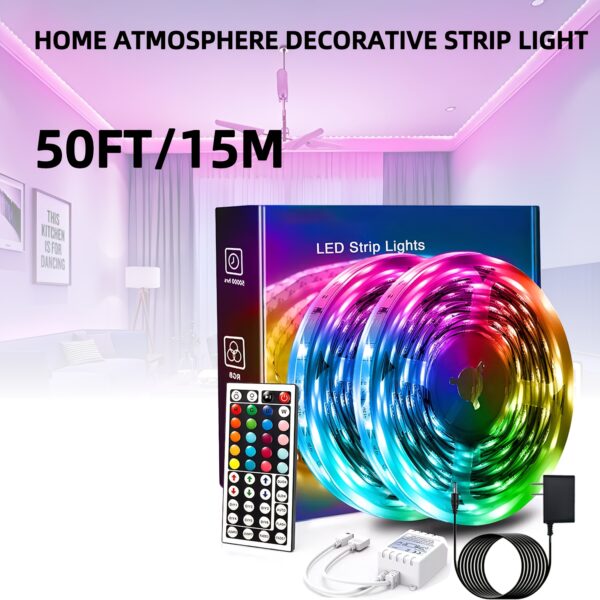 50ft LED Strip Lights RGB Color Changing - 44 Key Remote Control, DIY Modes, Dimmable, Cuttable, 16 LEDs/M, for Bedroom, Living Room, Christmas Party, Home Decor, Festival Lighting - Image 3