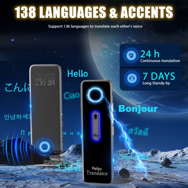 Péiko X9 Compact Language Translator Device - 136 Languages, Two-Way Voice Translation with Offline Support for 11 Languages, High Accuracy for Travel, Business & Education, Wireless Enabled, Rechargeable Battery, Sleek Black Design, Business Language Tool | Portable Voice Translator | Userfriendly Interface - Image 4