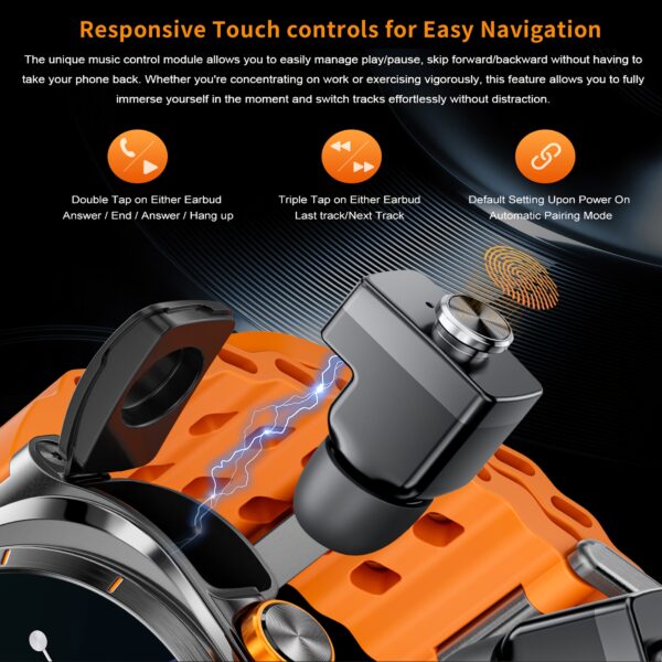 GT98 Smartwatch with TWS Sports Earbuds, 1.53" HD Display, Voice Assistant, Music Control, 400mAh Battery, 100+ Sport Modes, Orange Silicone Band, Compatible with Android/iOS, Ideal for Fitness & Outdoor Activities - Image 11
