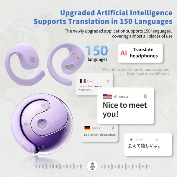 Wireless Translation Headphones with AI Voice Translation, No Latency Music, Real-Time Speech Translation, 150 Language Support, Type-C Charging, Includes Free Lanyard - Ideal for Multilingual Communication, Music Listening|Sleek Wireless Earbuds|Durable Charging Case - Image 5