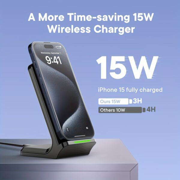 Wireless Charger, 15W Fast Wireless Charging Stand, Wireless Charging Station For IPhone 16/15/ 14/ 13/ 12/ 11/ Pro/ Max/ Plus/ XS/ XR/ X, Samsung Galaxy S22/S21S20/S10/S9/Note10/9, And Qi-Enabled Phone - Image 4