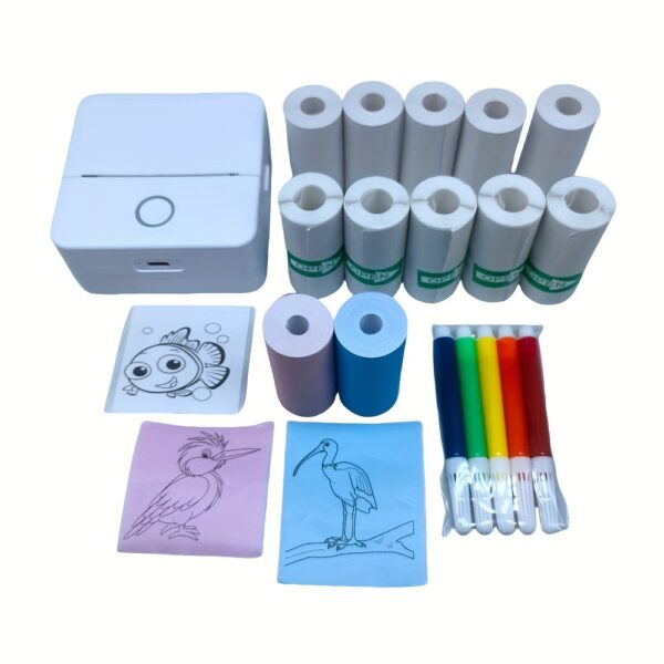 Mini thermal printer set with 5 rolls white self-adhesive, 5 rolls thermal paper, 2 rolls color printing paper, 5 pcs color pens, labels, text, photo printing, rechargeable inkless wireless printer