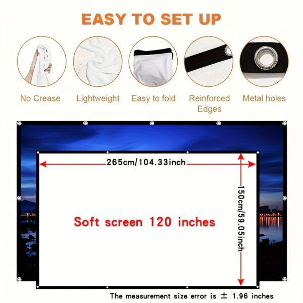Easy-Install 4K Projection Screen - No Drill, Wall Mounted, Soft White, Reinforced Metal Holes, Lightweight & Foldable Design for Bedroom & Living Room - Sizes: 60", 72", 84", 100", 120", 150, Home Theater Screen | Minimalist Design | Spandex Material - Image 5