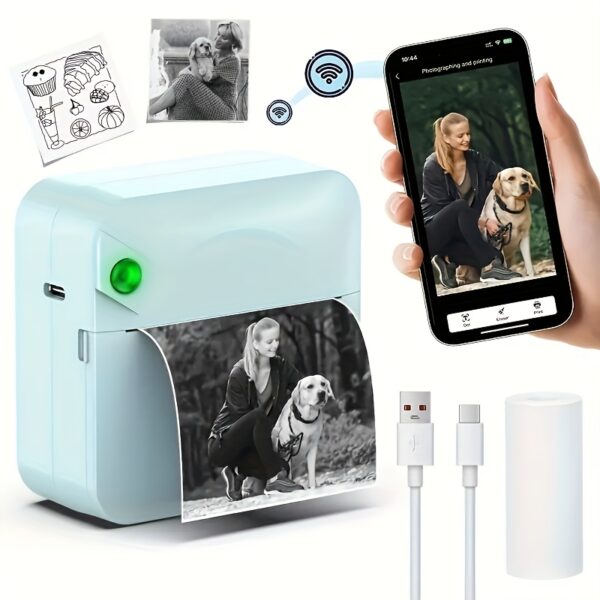 Ink Free Sticker Printer Mini Thermal Printer with One Roll Of Thermal Paper, Wireless Pocket Printer, Intelligent Portable Receipt Printer, Suitable for Photos, Diaries, Notes, And Memos