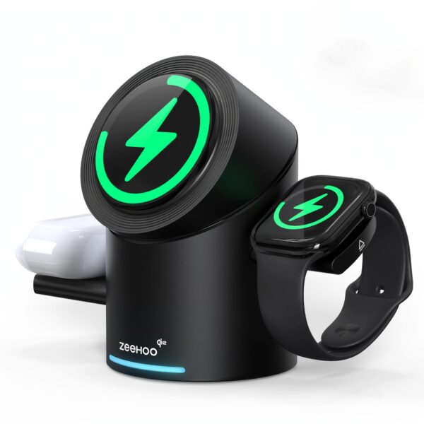 ZEEHOO 3-in-1 Charger – Fast Wireless Charging for iPhone 16-12, & Apple Watch. Features Qi2 15W Wireless Charging for Faster, More Efficient Power Delivery. Auto-Rotating Stand Supports Both Landscape and Portrait Modes. Includes 30W Adapter