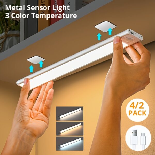 4/2pcs Motion Sensor Under Cabinet Lights, 3 Color Temperatures Wireless USB Rechargeable Night Light, Indoor Closet Lights, Stick-On Anywhere Magnetic Under-Counter Light Fixtures For Kitchen Cabinet Wardrobe Cupboard Stairs, Available In 2pcs.