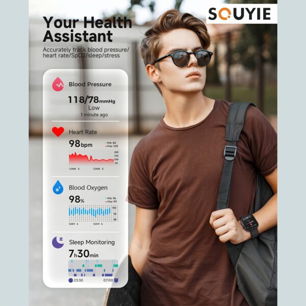 Souye Smartwatch for Men and Women - 1.99" AMOLED Display, Sleep Monitoring, AI Voice Assistant, Fitness Tracker, Compatible with Android & iOS, Calorie Counter, Camera Control, SMS Notifications, Pedometer, Music & Weather Updates, Smart Watch for Android Phones - Image 2