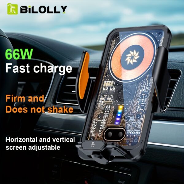 Bilolly 66W Fast Magnetic Car Charger & Phone Holder with 15W Wireless Charging, Auto-Clamping for iPhone 16-11, XR, XS, Samsung S25-S10+, Horizontal/Vertical Screen Adjustable Mount, Black Aluminum Alloy Design