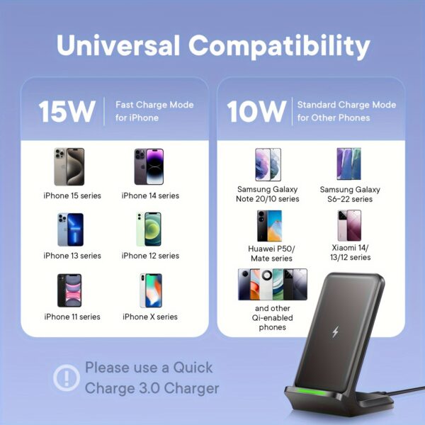 Wireless Charger, 15W Fast Wireless Charging Stand, Wireless Charging Station For IPhone 16/15/ 14/ 13/ 12/ 11/ Pro/ Max/ Plus/ XS/ XR/ X, Samsung Galaxy S22/S21S20/S10/S9/Note10/9, And Qi-Enabled Phone - Image 5