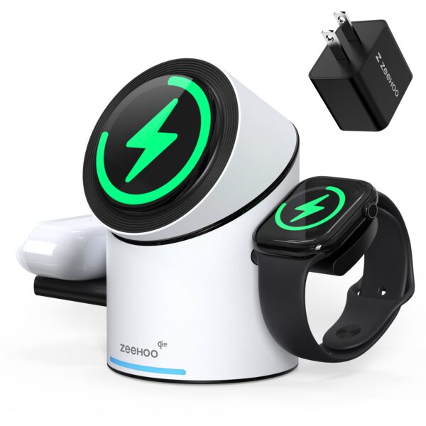 ZEEHOO CylinTrick-R 3-in-1 Wireless Charging Station - 15W Qi2 Fast Charge for iPhone (16/15/14/13/12), Smart Watch & for Airpods with 30W Adapter Included for Lab - Image 5