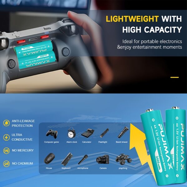PUJIMAX 8pcs Rechargeable 1.5V 3400mWh AA Lithium Batteries with Fast Charging Box, Constant Output Li-ion Double A Batteries Cycle Times up to 1200x, Smart Charging Set with MCU Intelligent Chip for Xbox Controller, Electronics, Household, Office Devices, Ideal Gift - Image 6