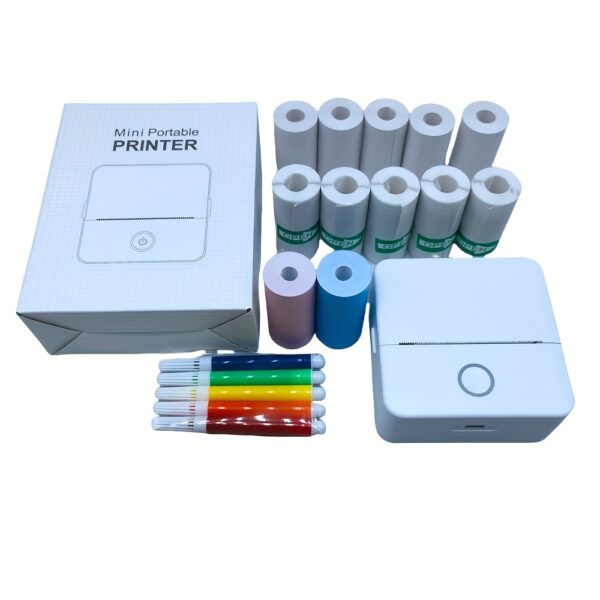 Mini thermal printer set with 5 rolls white self-adhesive, 5 rolls thermal paper, 2 rolls color printing paper, 5 pcs color pens, labels, text, photo printing, rechargeable inkless wireless printer - Image 3