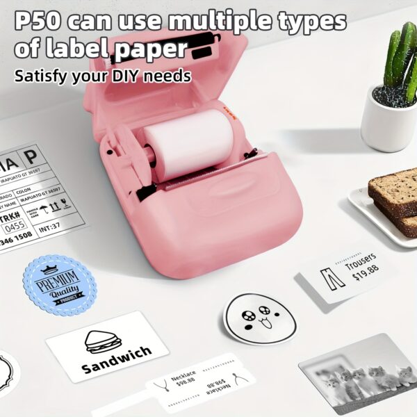 P50 Portable Thermal Label Printer, Suitable for Home, Clothing, Supermarkets, Jewelry, And Food Industries, Compatible with Android+Ios, Equipped with a Roll of 40 * 30Mm White Stickers