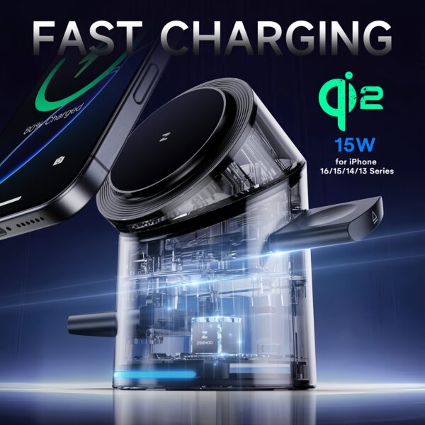 ZEEHOO 3in 1 Charging Station for Apple-Devices, Mag-Safe Charger Stand, CylinTrick-R Qi2 15W Auto-Rotating Wireless Charging Station for iPhone 16/15/14/13/12 Series& Air-Pods& IWatch(30W Charger Included) - Image 3