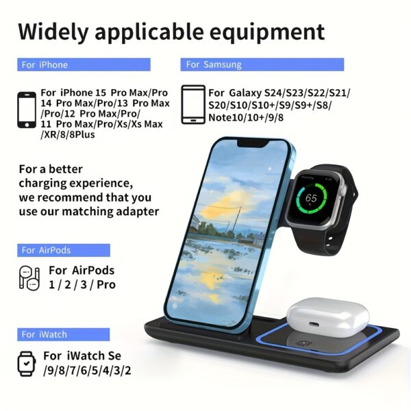 Foldable 3 in 1 fast charging station, 15W Wireless Charger Stand for iPhone 15, 14, 13, 12, 11/Pro/Max/Mini/Plus, X, XR, XS/Max, SE, 8/Plus, suitable for iWatch 1-9, suitable for Airpods 3/2/Pro - Image 4