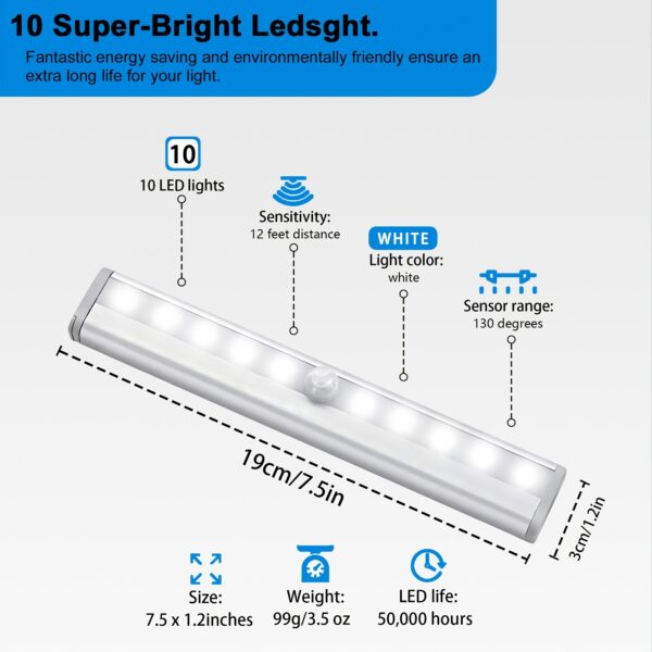 3-Pack Under Cabinet Lights, 10 LED Battery Operated Ultra-Bright Wireless Motion Sensor Light Indoor, Magnetic Dimmable Closet Lights, Wireless Under Counter Lights for Kitchen, Stairs, Available In 1-Pack - Image 6