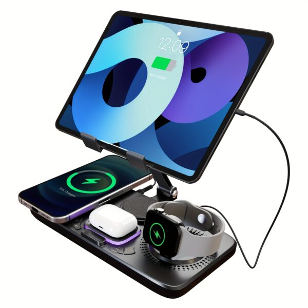 6-in-1 Smart Wireless Charger for Multiple Devices, 15W Fast Wireless Charging Station with Foldable Metal Tablet Holder, Clock Display and Mood Light, Compatible with iPhone 16 15 14 13 12 11 8 Plus Pro Max Xs, Compatible with Airpods 3rd Gen, Compatible with iWatch 10 9 8 7 6 5 4 3 2 SE Ultra, Charge iPad with Type-C to C Cable - Image 3