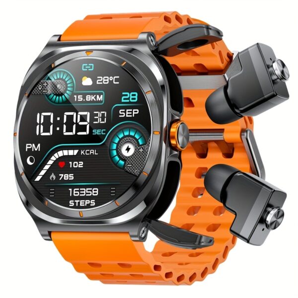 GT98 Smartwatch with TWS Sports Earbuds, 1.53" HD Display, Voice Assistant, Music Control, 400mAh Battery, 100+ Sport Modes, Orange Silicone Band, Compatible with Android/iOS, Ideal for Fitness & Outdoor Activities - Image 3
