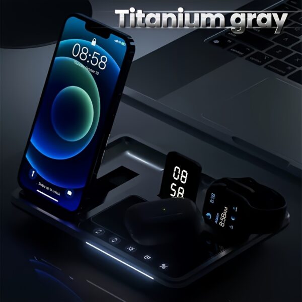 Grey 4-in-1 Fast Charging Station 15W Foldable Wireless Charger Stand with Smart Clock Display for iPhone, for iWatch, for Multiple Devices, Christmas, Thanksgiving And Birthday Gift, Christmas Gift - Image 2