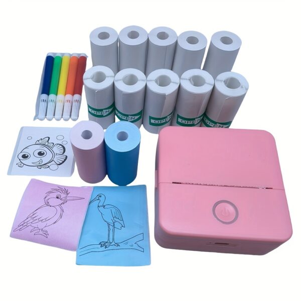Mini thermal printer set with 5 rolls white self-adhesive, 5 rolls thermal paper, 2 rolls color printing paper, 5 pcs color pens, labels, text, photo printing, rechargeable inkless wireless printer - Image 6