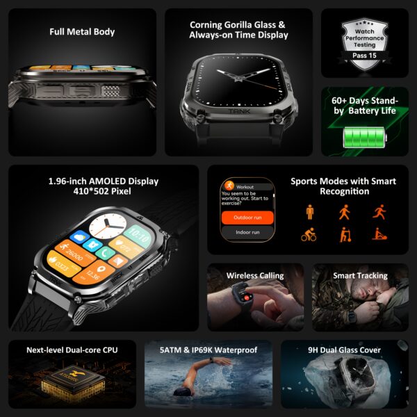 2025 KOSPET M3 Smart Watch Men 480mAh 60 Days Extra-Long Battery Rugged Smartwatches Wireless Call 5ATM IP69K 1.43" AMOLED Always On Display Screen 170+ Sports Modes 6 Smart Recognition Sports Corning Gorilla Glass Multiple Watch Faces 24H Health Monitor AI Assistant Digital Electronic Men'S Smartwatch Compatible For Android IPhone - Image 6