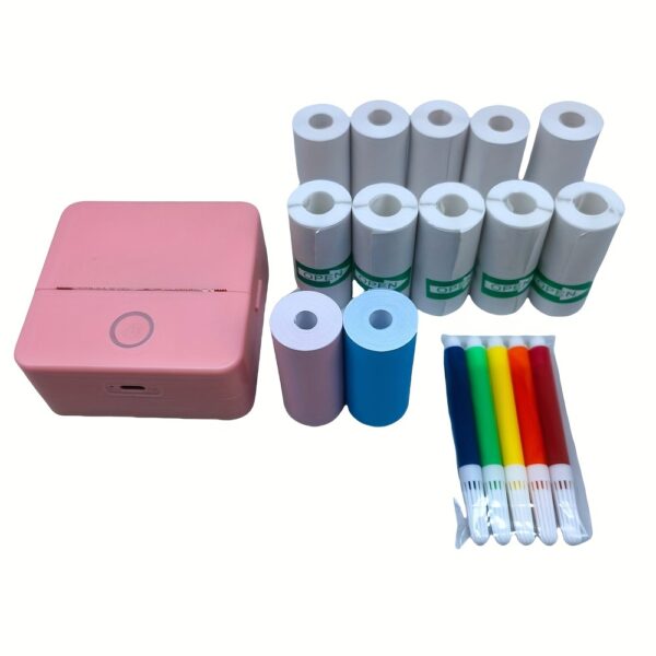 Mini thermal printer set with 5 rolls white self-adhesive, 5 rolls thermal paper, 2 rolls color printing paper, 5 pcs color pens, labels, text, photo printing, rechargeable inkless wireless printer - Image 4
