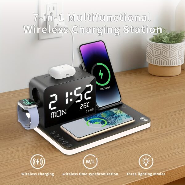 7 In 1 Dual Phone Wireless Charging Station With Night Light, Phone Holder, Phone Time Sync, Time Week Temperature Display, 30W Adapter For IPhone, AirPods And IWatch Fast Charging Dock With USB C And USB A Wired Output - Image 2