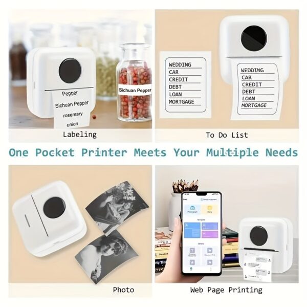 Compact Portable Thermal Printer - Photo & Label Printing, Inkless Doodle, USB Rechargeable, White Body, Ideal for Office Use, Label Maker | Sleek White Design | USB Rechargeable Printer - Image 4