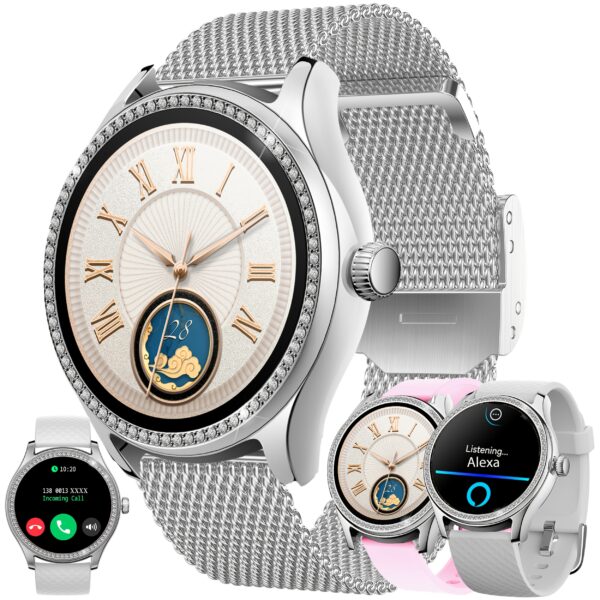 Smart Watch (Answer/Make Calls) For Women With Alexa Built-in, AI Voice, Call Integration, Smartwatch For Android IPhone, 1.38" Activity Tracker With Sleep Monitor, Fitness Tracker, Sleep Monitoring, 100+ Sports Fitness Tracker Silvery, Smart Watch With 1 Stainless Steel Watch Band And 2 Silicone Watch Band - Image 4