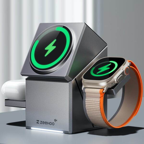 ZEEHOO 3-in-1 Magnetic Wireless Charging Station With Fast Charger For MagSafe Charger, CubeTrick-X Qi2 15W Fast Wireless Charger Stand For IPhone 16 15 14 13 12, For AppleWatch, For AirPod & Earbuds