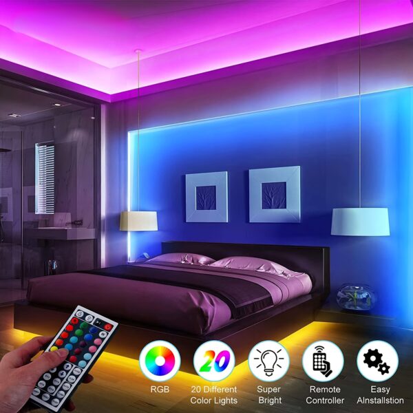 50ft LED Strip Lights RGB Color Changing - 44 Key Remote Control, DIY Modes, Dimmable, Cuttable, 16 LEDs/M, for Bedroom, Living Room, Christmas Party, Home Decor, Festival Lighting - Image 8