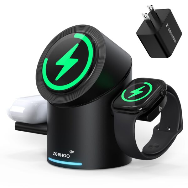 ZEEHOO CylinTrick-R 3-in-1 Wireless Charging Station - 15W Qi2 Fast Charge for iPhone (16/15/14/13/12), Smart Watch & for Airpods with 30W Adapter Included for Lab