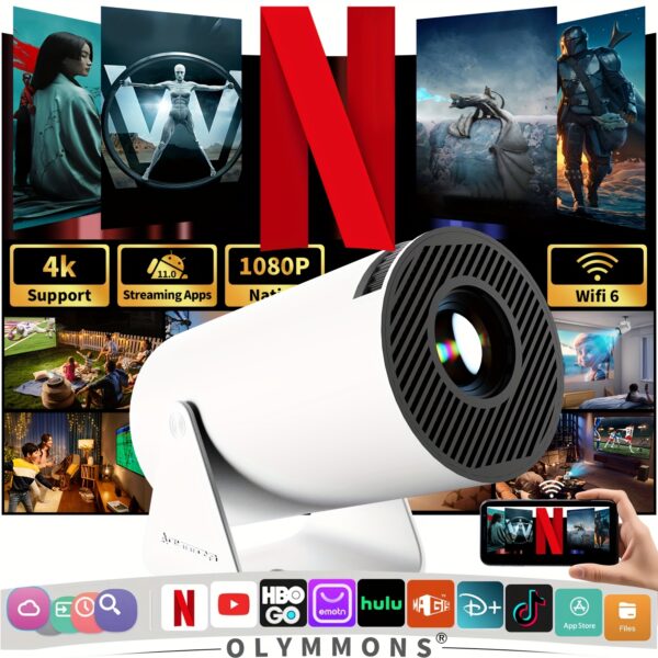 HY300 Pro Mini Portable Projector, Native 1080P Supports 4K/260ANSI Smart Projector with WiFi 6 BT 5.0, Screen Adjustment, 180 Degree Rotation, Home Video Projector Built-in Android 11.0 OS
