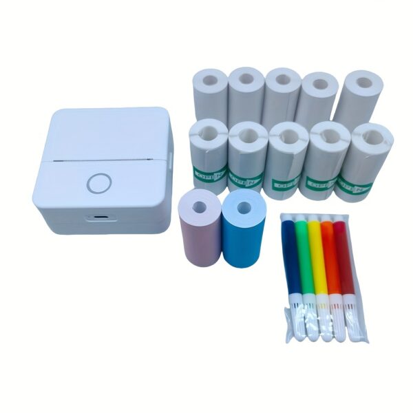 Mini thermal printer set with 5 rolls white self-adhesive, 5 rolls thermal paper, 2 rolls color printing paper, 5 pcs color pens, labels, text, photo printing, rechargeable inkless wireless printer - Image 8