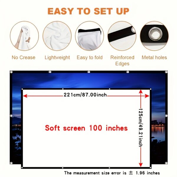 Easy-Install 4K Projection Screen - No Drill, Wall Mounted, Soft White, Reinforced Metal Holes, Lightweight & Foldable Design for Bedroom & Living Room - Sizes: 60", 72", 84", 100", 120", 150, Home Theater Screen | Minimalist Design | Spandex Material - Image 3