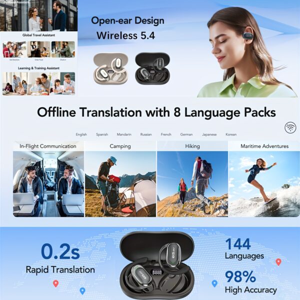 AI Wireless Translation Earbuds-144 Language Translator Earbuds-5.4 Music Headphone with Travel Charging Case-Smart Translation Device-Perfect Gift for Business Travelers & International Communicators - Image 8